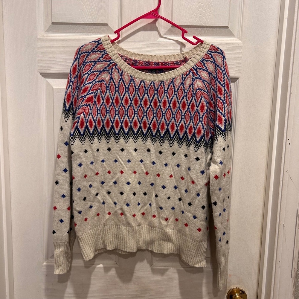 American Eagle Fair Isle Metallic Knit Sweater Womens Large Cream Red Blue L